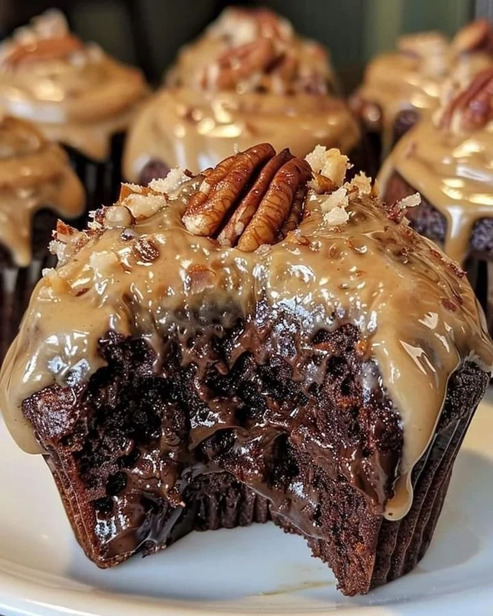 Delicious German Chocolate Cupcakes with coconut pecan frosting