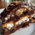 Delicious slice of German Chocolate Poke Cake with coconut and pecan frosting