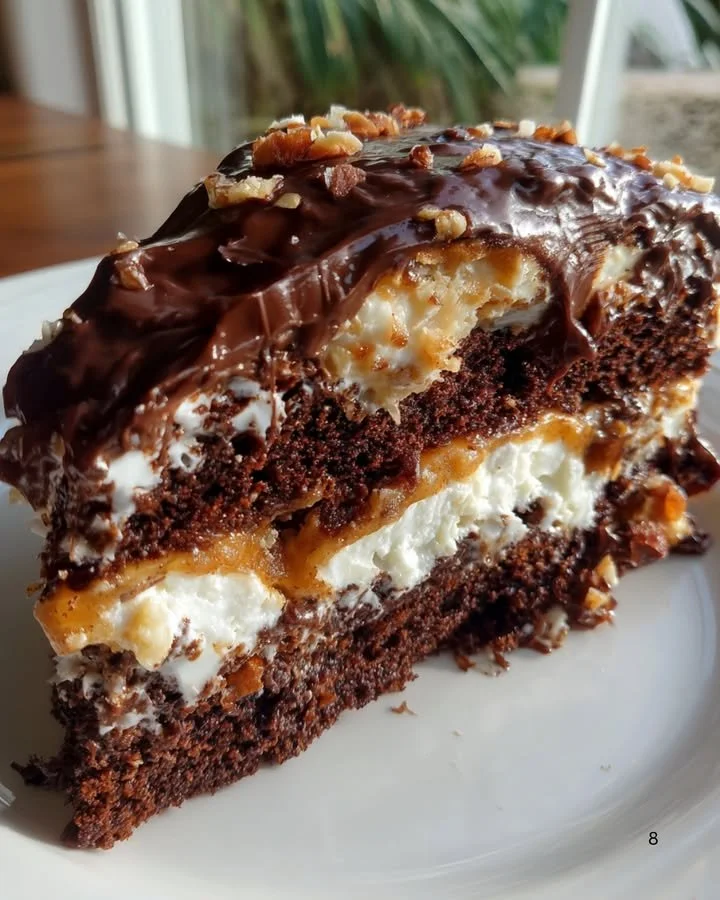 Delicious slice of German Chocolate Poke Cake with coconut and pecan frosting