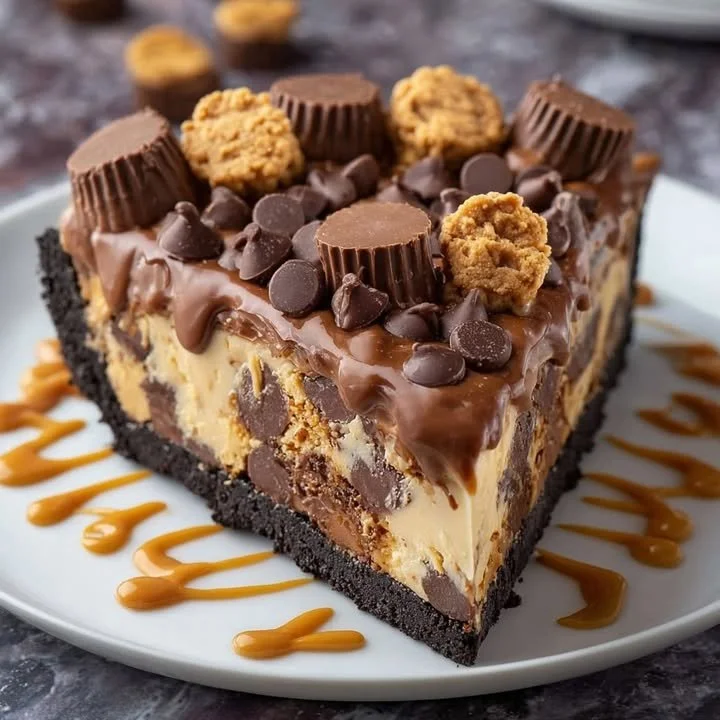 Giant Reese's Peanut Butter Cup Pie topped with chocolate and peanut butter