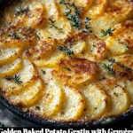 Golden baked potato gratin topped with Gruyère and Parmesan cheese
