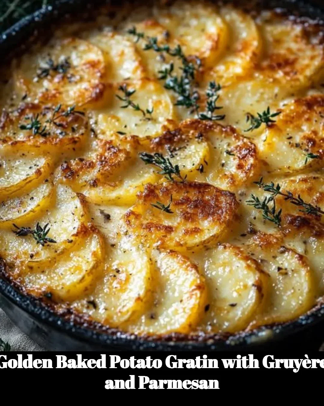 Golden baked potato gratin topped with Gruyère and Parmesan cheese