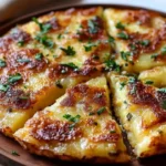 Golden Cheese Herb Potato Frika served in a bowl, garnished with fresh herbs