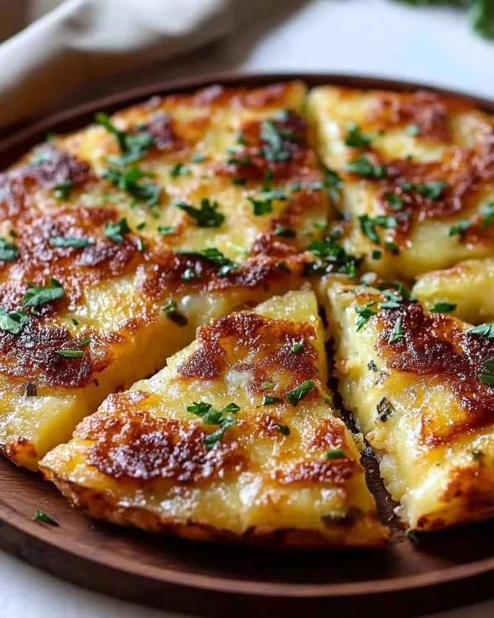 Golden Cheese Herb Potato Frika served in a bowl, garnished with fresh herbs