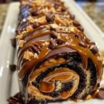 Gooey Chocolate Caramel Turtle Cake Roll with rich chocolate and caramel topping