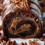 Gooey chocolate caramel turtle cake roll, a delicious layered dessert with nuts.