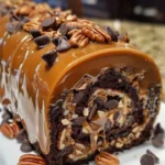 Gooey Chocolate Caramel Turtle Cake Roll topped with chocolate and caramel drizzles.