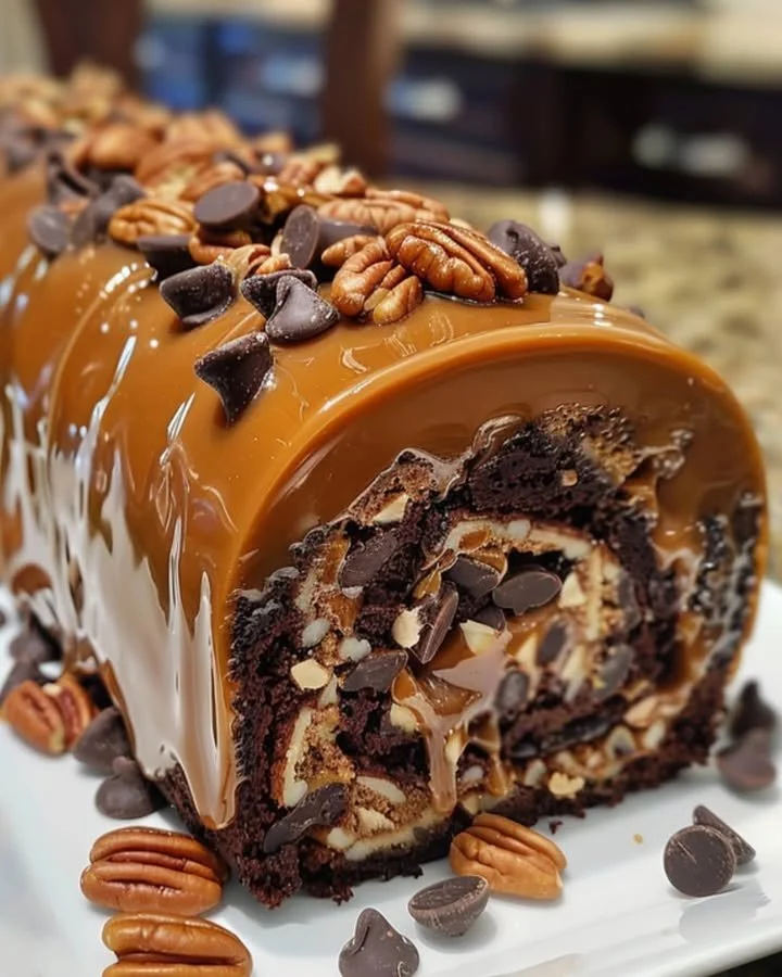 Gooey Chocolate Caramel Turtle Cake Roll topped with chocolate and caramel drizzles.
