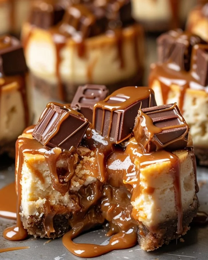 Gooey mini caramel chocolate cheesecakes topped with drizzled chocolate and caramel