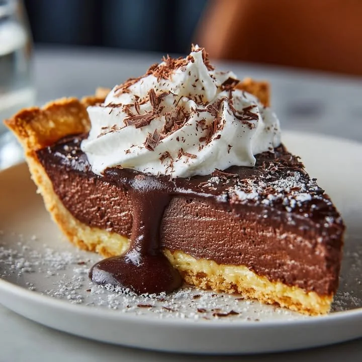Slice of Grandma's decadent chocolate pie topped with whipped cream