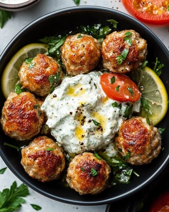 Plate of Greek chicken meatballs served with tzatziki sauce.