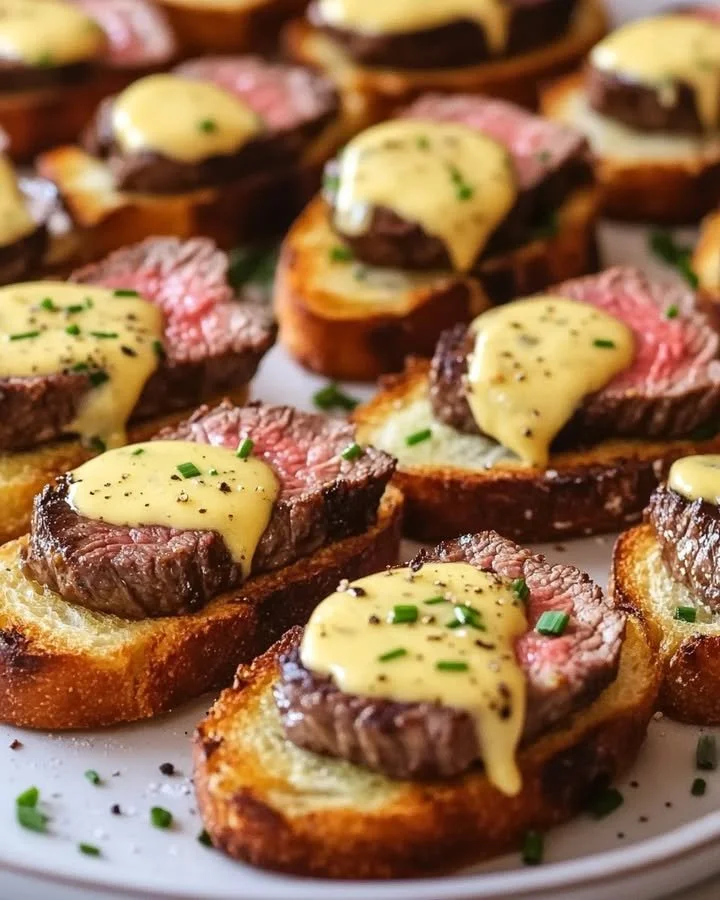Grilled beef tenderloin crostini with Béarnaise sauce on a platter.