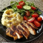 Plate of grilled chicken with creamy mashed potatoes and fresh garden salad