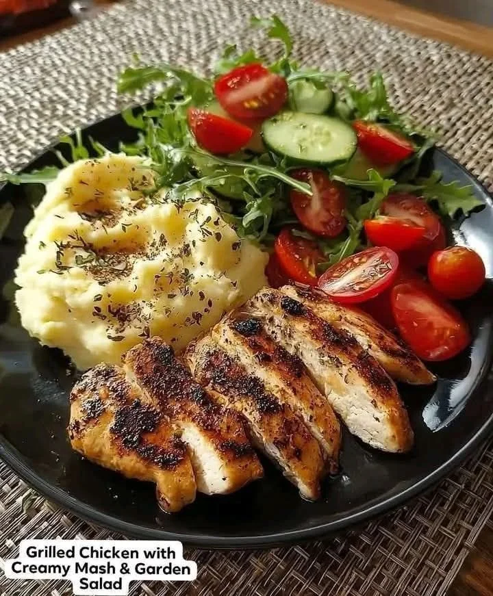 Plate of grilled chicken with creamy mashed potatoes and fresh garden salad