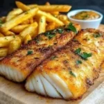 Delicious grilled fish served with crispy fries, a perfect seafood dish.