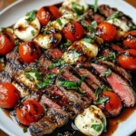 Grilled flank steak caprese salad with balsamic dressing and fresh ingredients