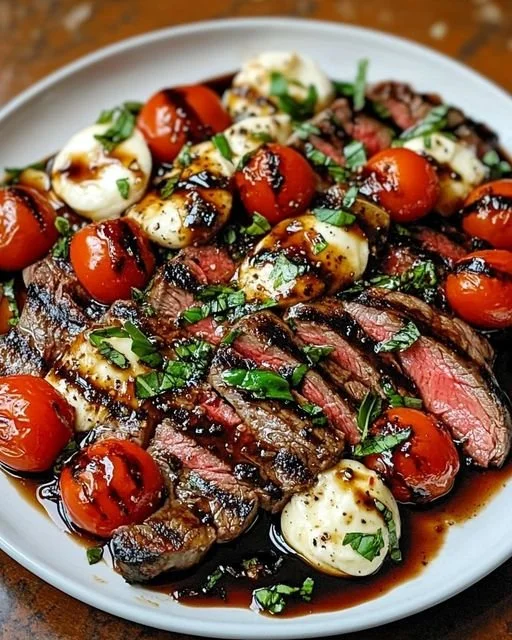 Grilled flank steak caprese salad with balsamic dressing and fresh ingredients