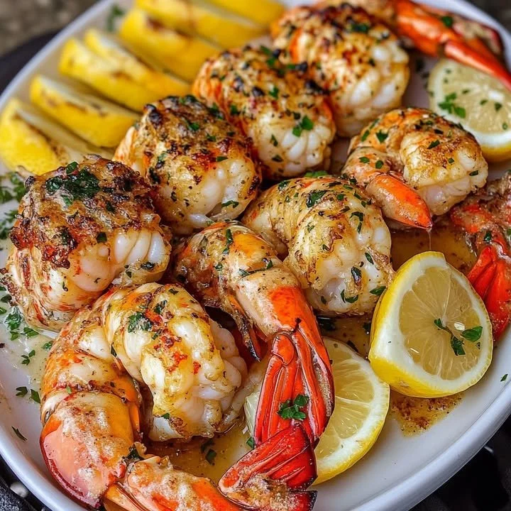 Delicious grilled lobster and shrimp dish served with herbs and lemon.