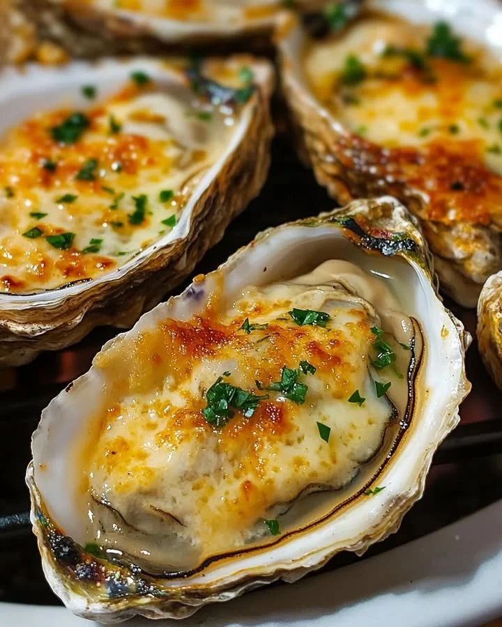 Delicious grilled oysters garnished with garlic and Parmesan cheese