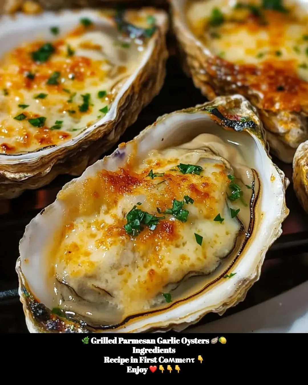 Delicious grilled parmesan garlic oysters served on a platter.