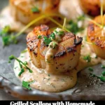 Grilled scallops served with homemade rémoulade sauce on a plate