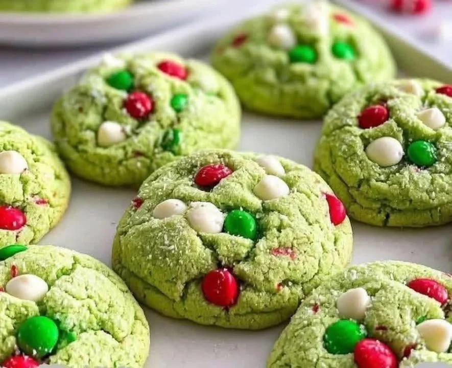 Festive Grinch Cookies decorated with green icing and red hearts