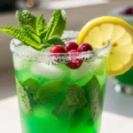 Festive Grinch Mocktail served in a glass with holiday decorations