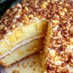 Hawaiian Pineapple Paradise Cake topped with fresh pineapple and cream.