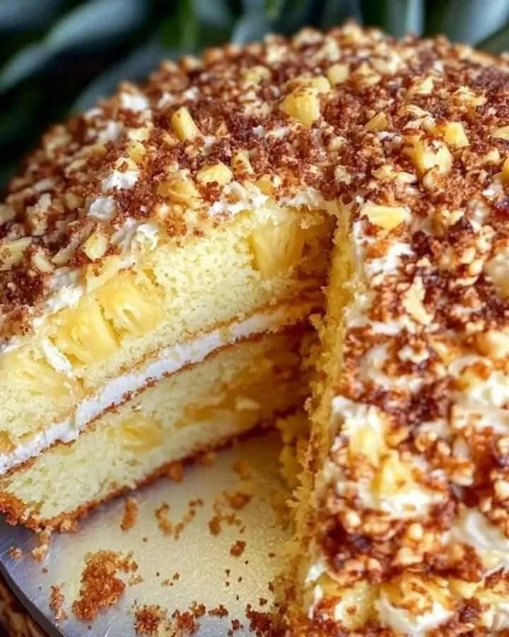 Hawaiian Pineapple Paradise Cake topped with fresh pineapple and cream.