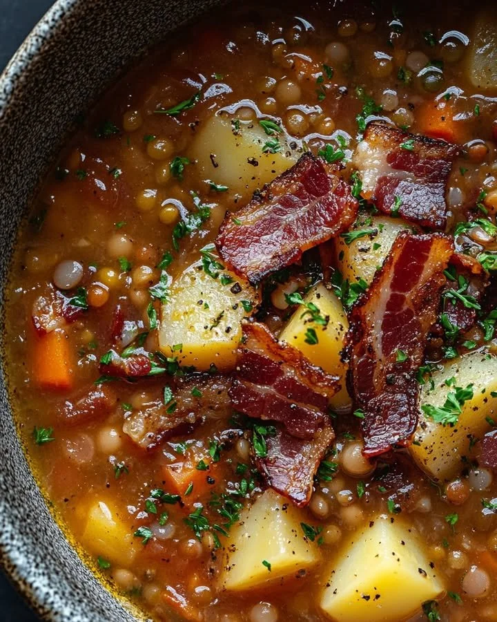 Bowl of hearty lentil and bacon soup with fresh herbs