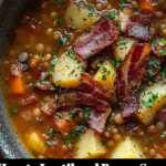 Bowl of hearty lentil and bacon soup garnished with herbs