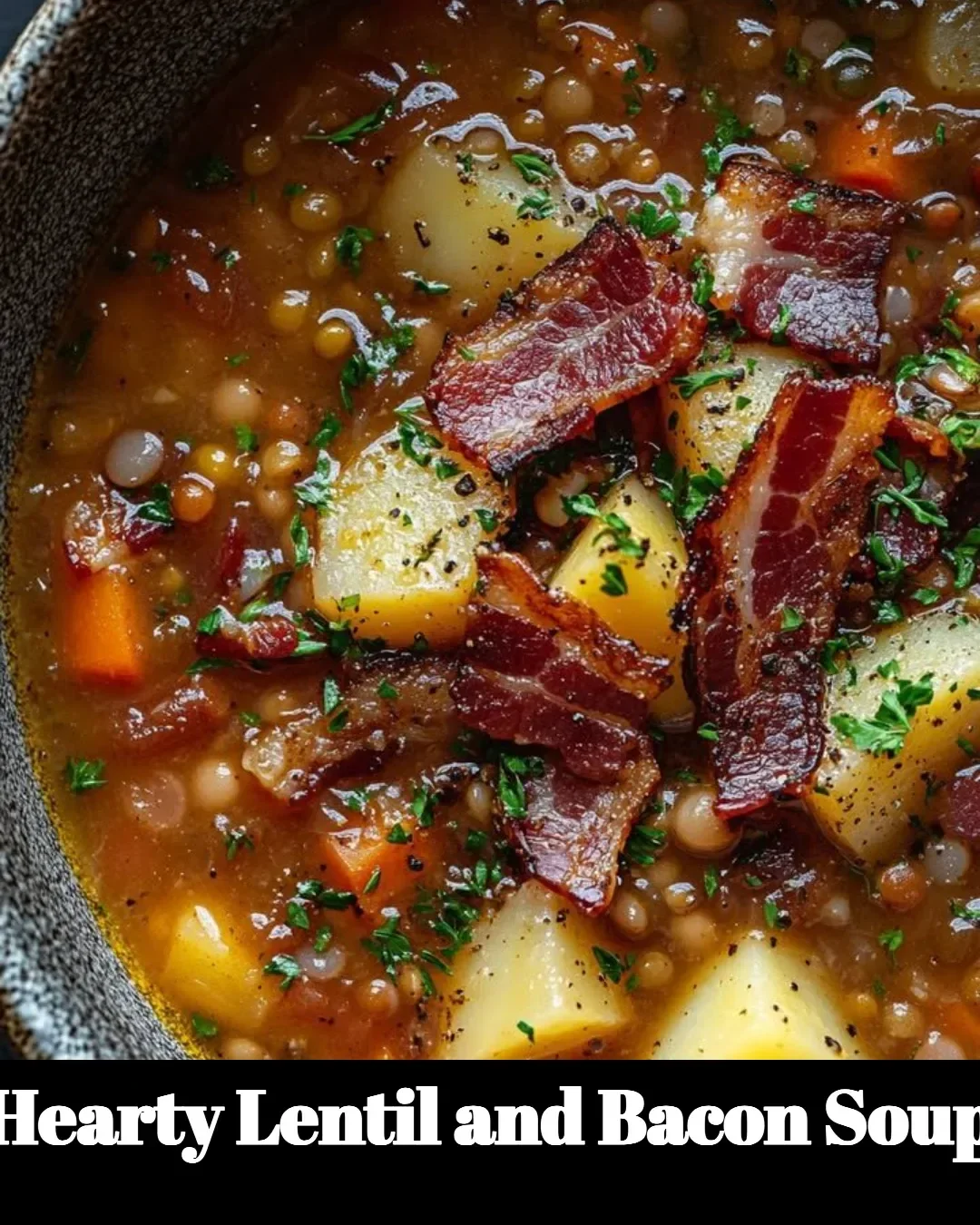 Bowl of hearty lentil and bacon soup garnished with herbs