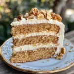 Heavenly Banana Walnut Cream Cake topped with whipped cream and walnuts