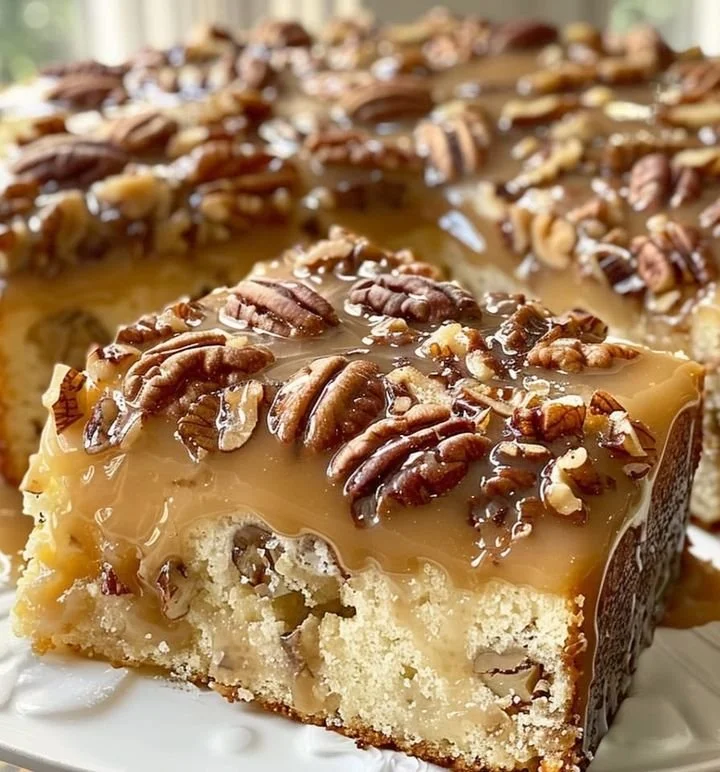 Heavenly Butter Pecan Caramel Cake with caramel drizzle and pecans