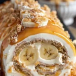 Heavenly Caramel Banana Roll Cake with layers of caramel and banana filling