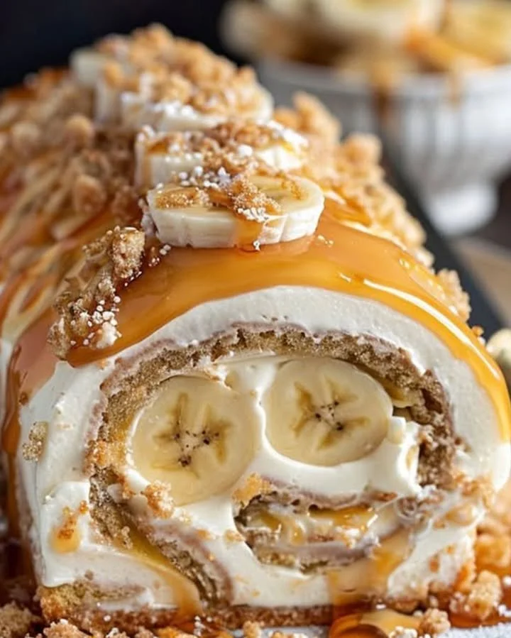 Heavenly Caramel Banana Roll Cake with layers of caramel and banana filling
