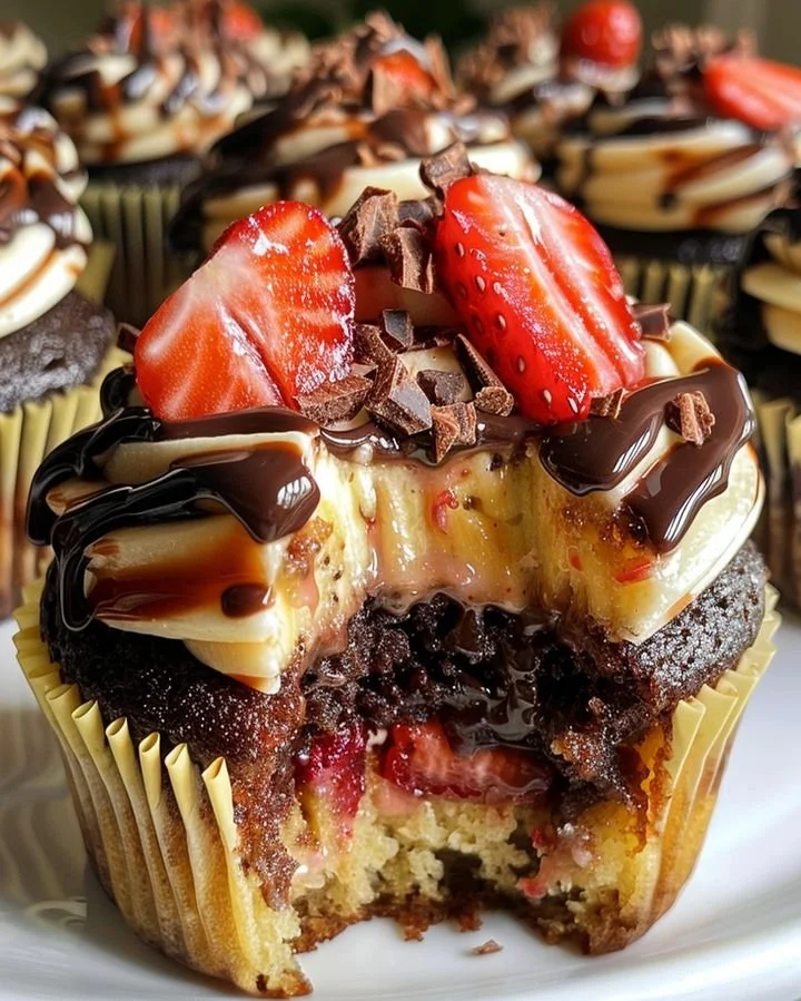Heavenly Chocolate Banana Split Cupcakes topped with chocolate and banana slices