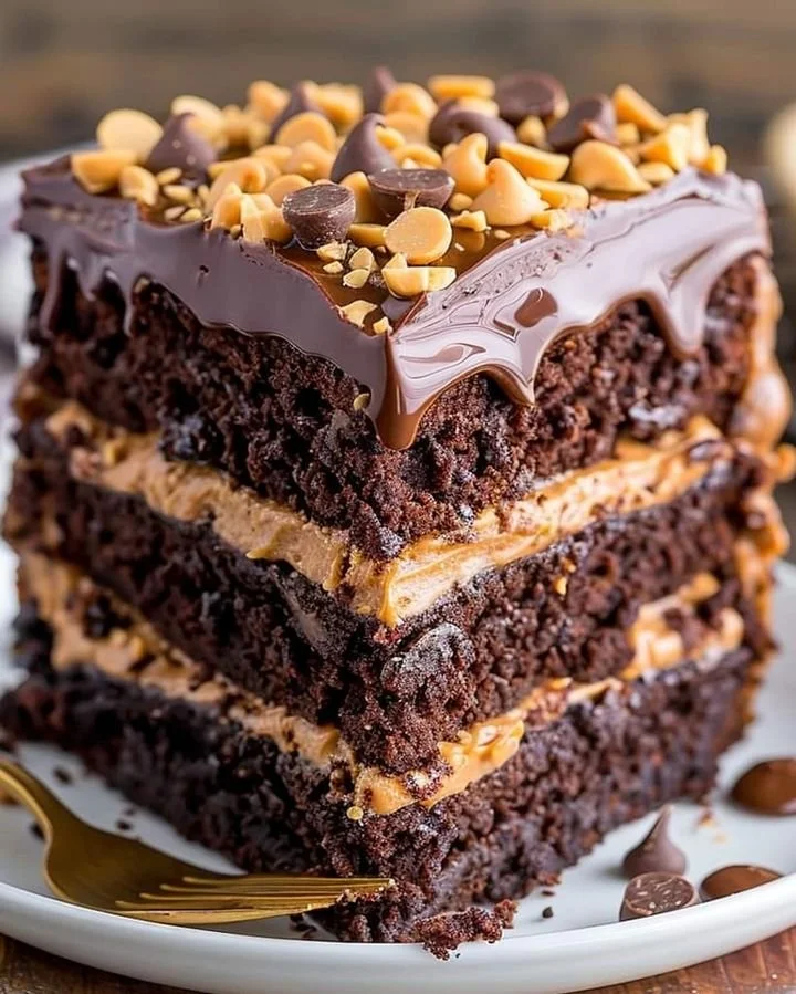 Delicious chocolate peanut butter cake topped with creamy frosting