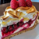 Heavenly Lemon Raspberry Meringue Cheesecake topped with fresh raspberries