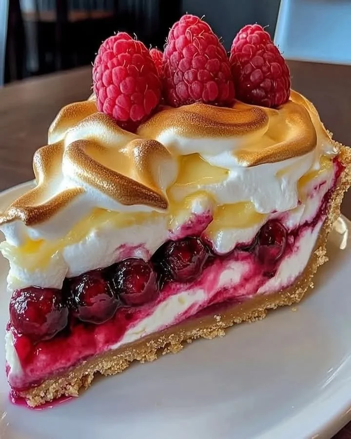 Heavenly Lemon Raspberry Meringue Cheesecake topped with fresh raspberries