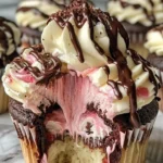 Delicious Neapolitan Cream Cupcakes with chocolate, vanilla, and strawberry frosting