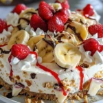 Heavenly No-Bake Banana Split Cheesecake topped with fruits and whipped cream