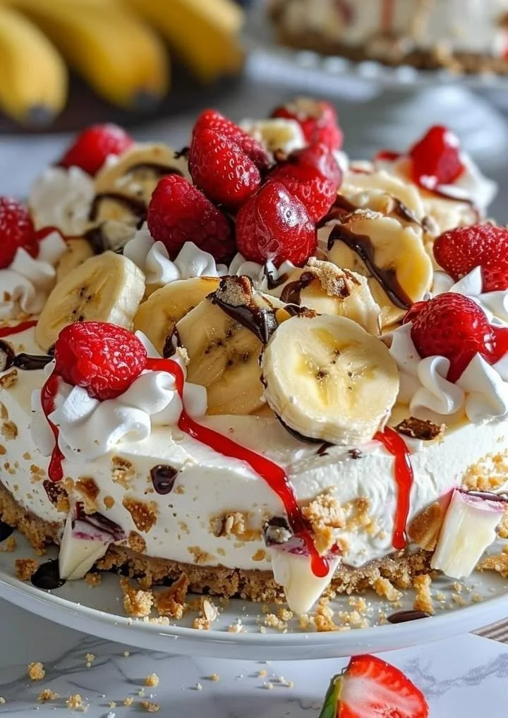 Heavenly No-Bake Banana Split Cheesecake topped with fruits and whipped cream
