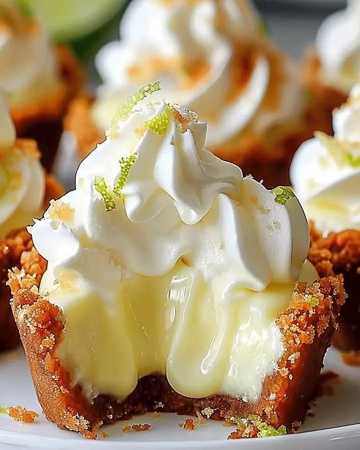 Delicious no-bake mini key lime pies topped with whipped cream and lime zest