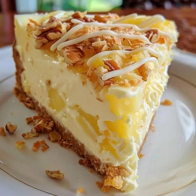Heavenly white chocolate pineapple coconut cheesecake slice on a plate