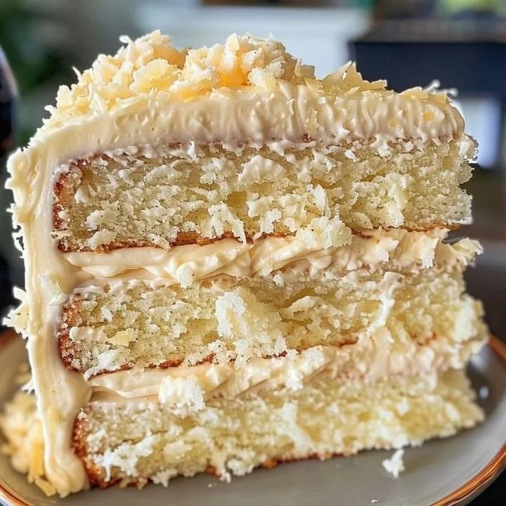 Slice of heavenly white velvet cake with coconut buttercream frosting