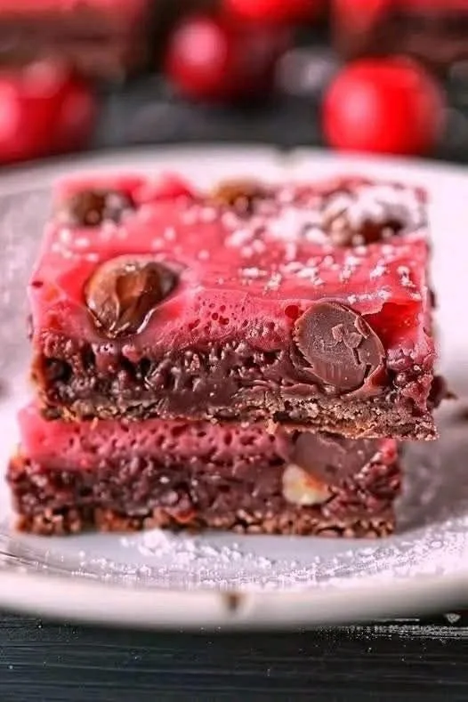 Homemade cherry mash bars topped with chocolate and cherries on a plate