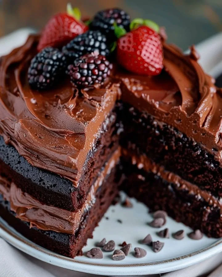 Slice of homemade chocolate cake with chocolate frosting on a plate