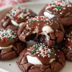 Homemade Christmas cocoa cookies decorated with festive icing and sprinkles