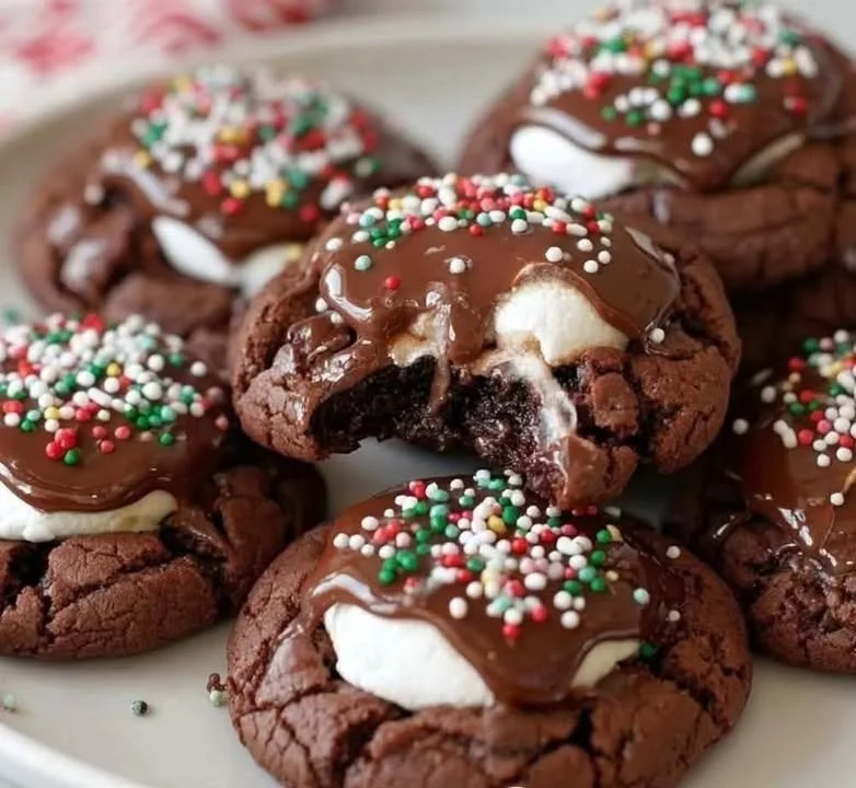 Homemade Christmas cocoa cookies decorated with festive icing and sprinkles